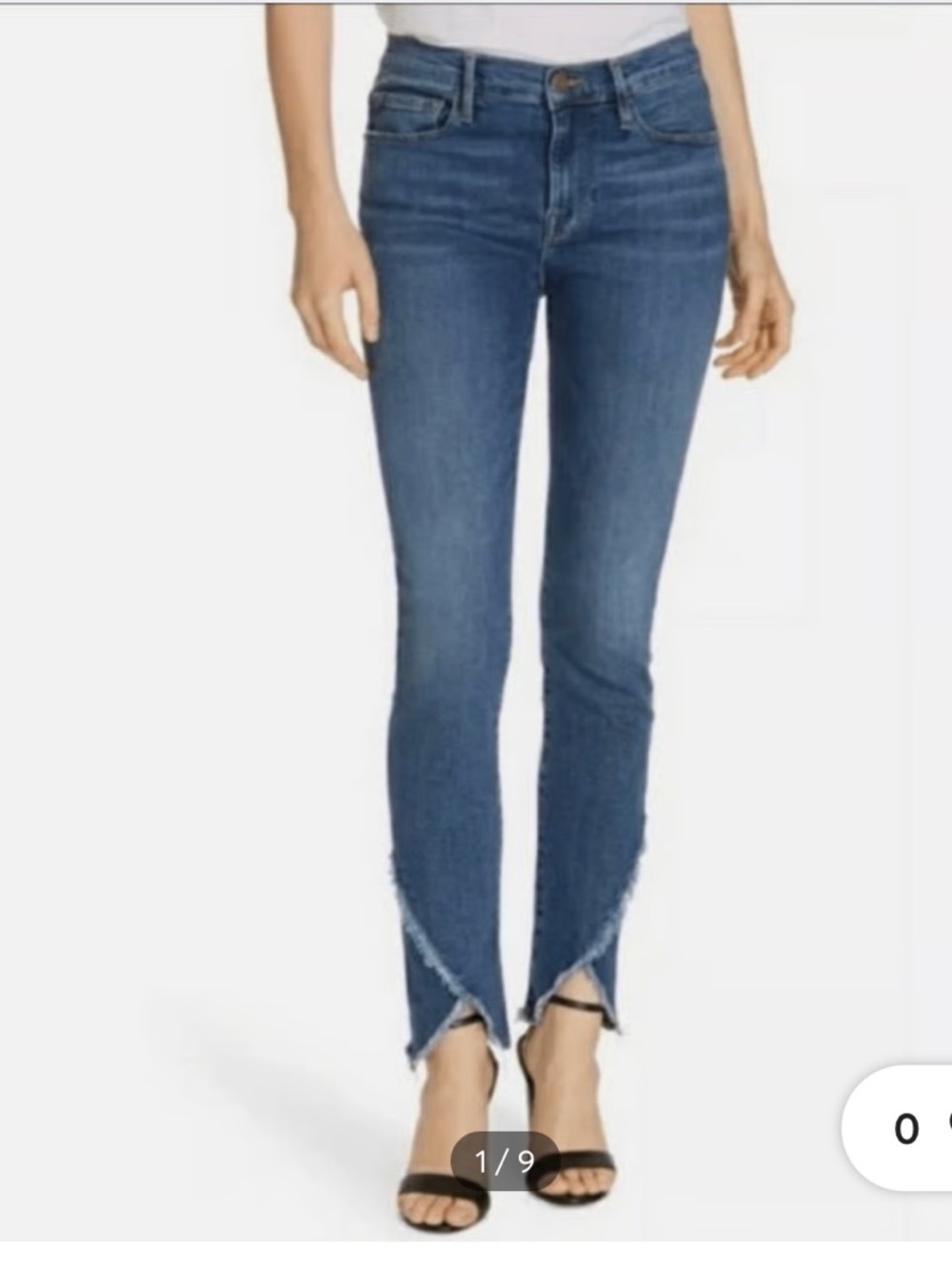 Frame Denim Blue Ankle Skinny Jeans with Frayed V-Cut Hem Length 28 inches